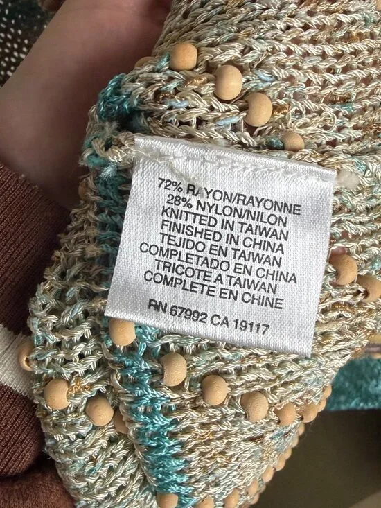 Sigrid Olsen Size Xl Costal Beach Open Knit Beaded Sweater Cream Teal Stripes - Picture 4 of 6